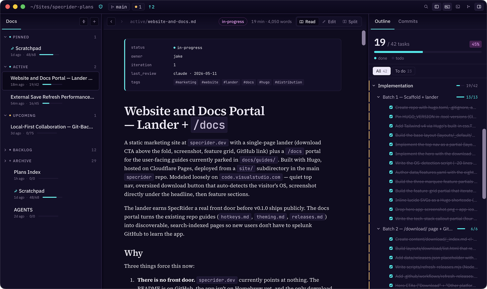 SpecRider app — plans browser, reader, and outline